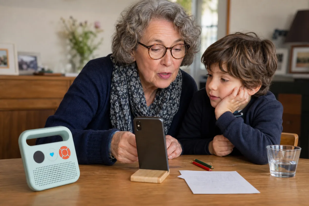 Grand-mère enregistrant une histoire sur son téléphone avec une enceinte Merlin