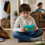 Enfant écoutant sa boîte à histoires Lunii après le retour de l’école