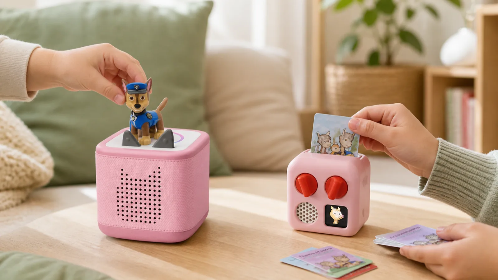 Un enfant manipule une Toniebox et un autre une carte Yoto Mini