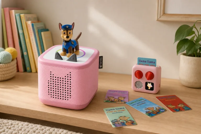 Toniebox rose et Yoto Mini rose côte à côte