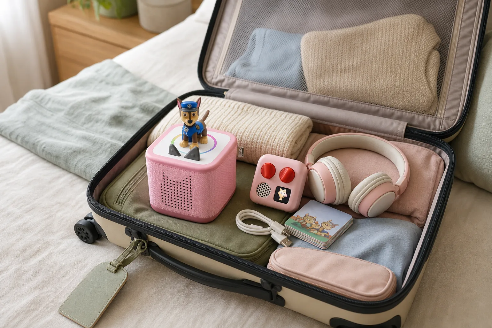 Toniebox et Yoto Mini rangés dans une valise avec casque et cartes