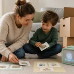 Un enfant prépare un déménagement en classant ce qui change et ce qui reste près de sa Yoto