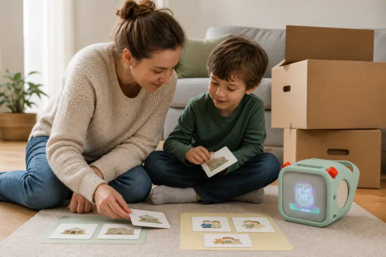 Un enfant prépare un déménagement en classant ce qui change et ce qui reste près de sa Yoto