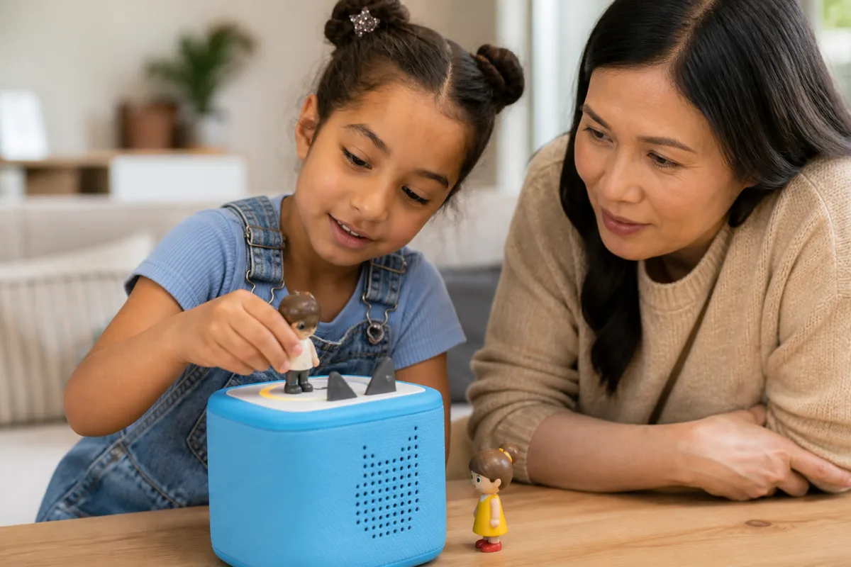Une enfant rejoue une situation d’amitié avec des figurines et une Toniebox