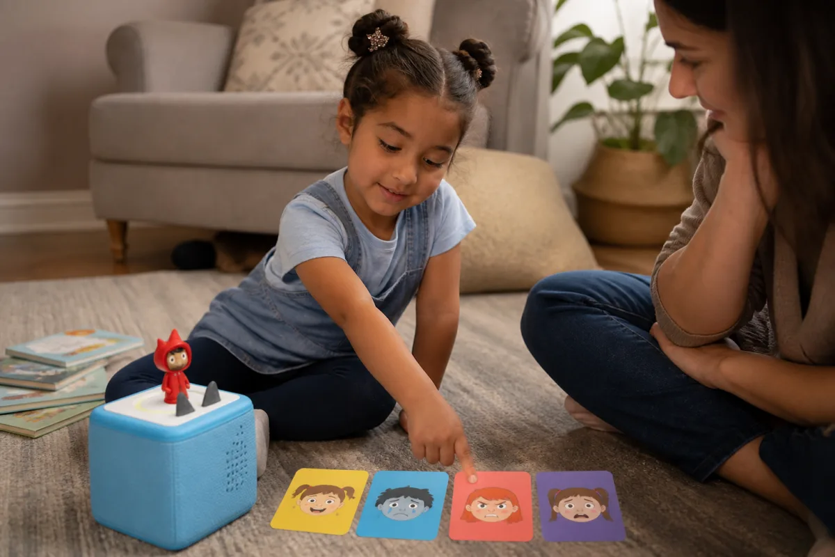 Une enfant choisit une carte émotion près de sa Toniebox après avoir écouté une histoire