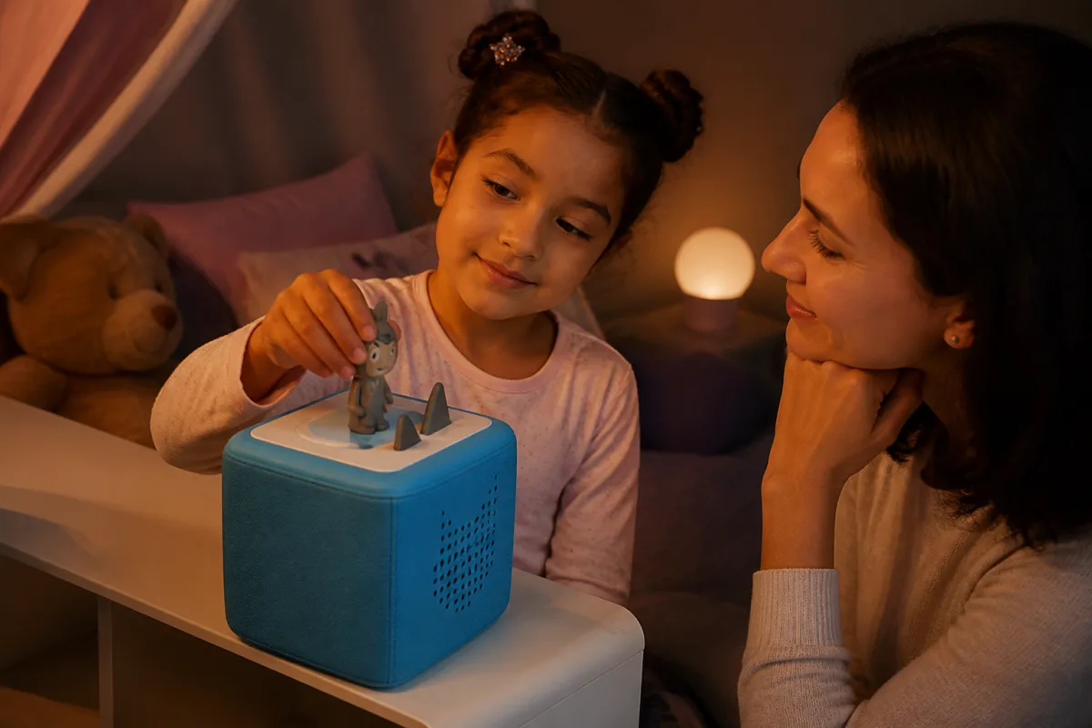 Une enfant choisit une histoire sur sa Toniebox près d’une veilleuse au coucher