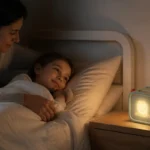 Un enfant écoute une histoire avec Yoto pendant le rituel du coucher