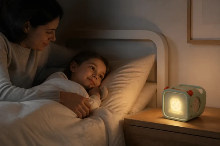 Un enfant écoute une histoire avec Yoto pendant le rituel du coucher
