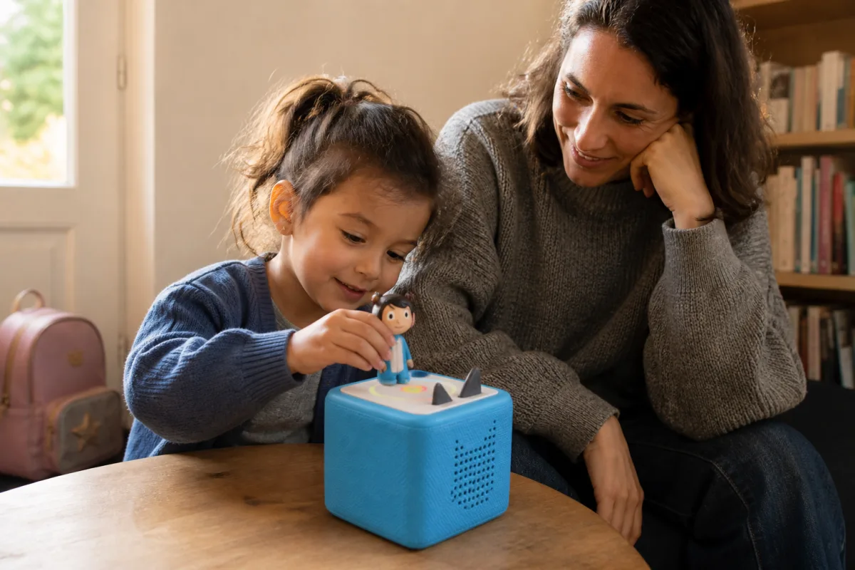 Une enfant écoute une histoire sur sa Toniebox avec sa mère après l’école