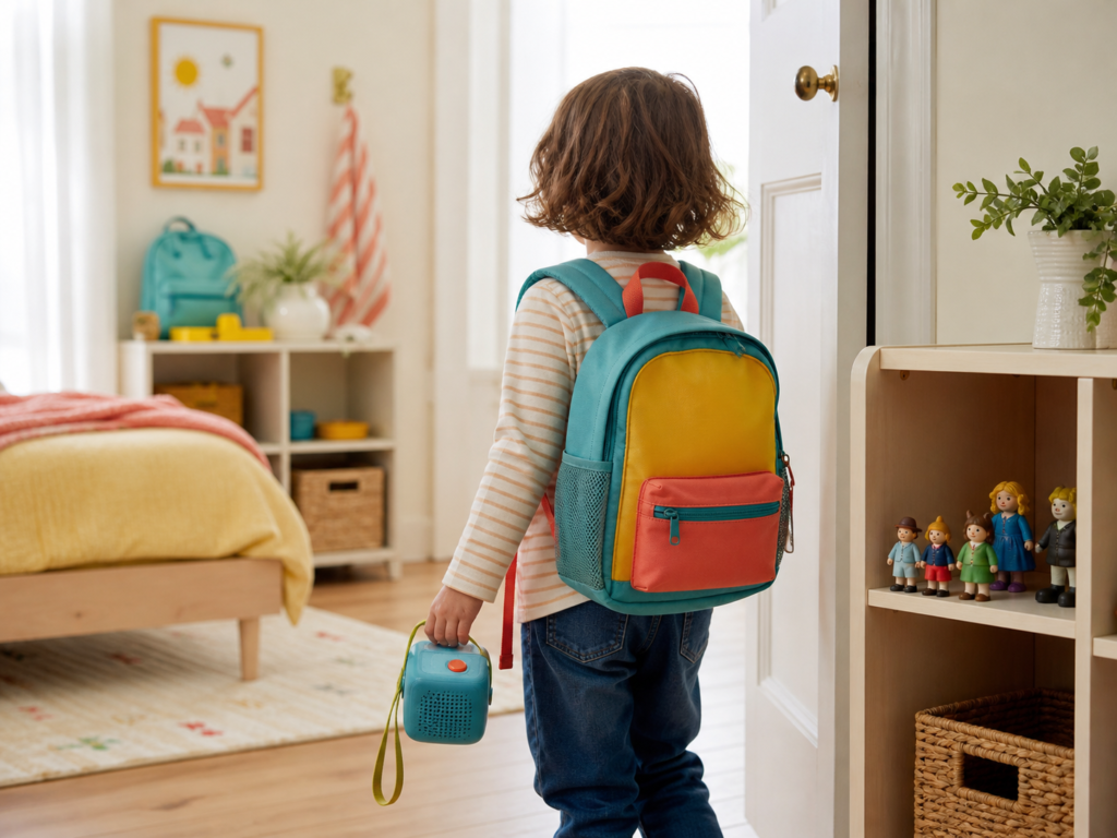 Enfant portant un sac à dos coloré avec une boîte à histoires