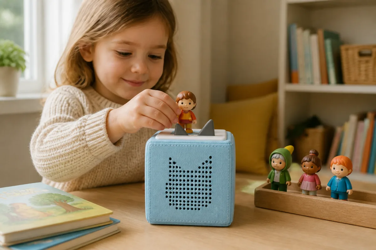 Enfant plaçant une figurine audio sur une Toniebox 2 bleue