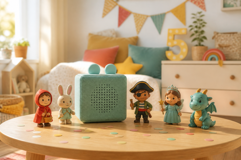 Mise en scène festive d’une boîte à histoires et de cinq figurines pour les 5 ans de Tonies