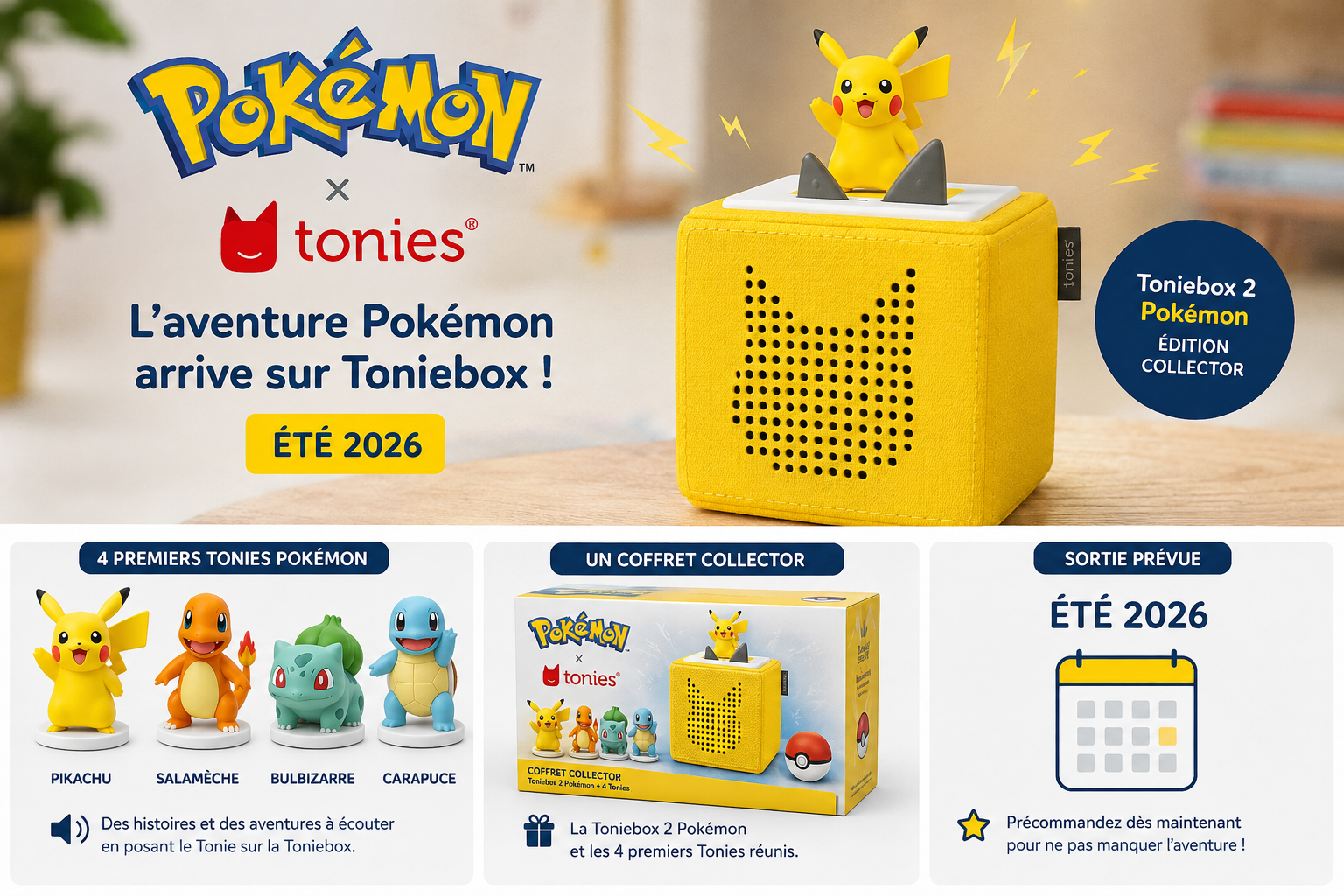 Toniebox 2 Pokémon jaune avec Pikachu, Salamèche, Bulbizarre et Carapuce