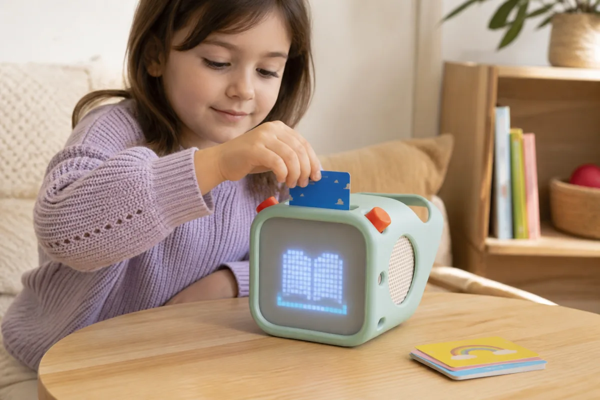 Enfant insérant une carte audio dans un Yoto Player