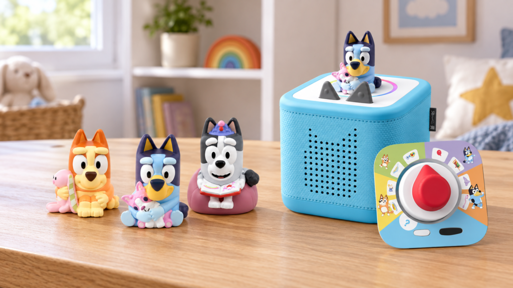 Comparaison des figurines Bluey, Bingo et Muffin avec le jeu Bluey Tonieplay
