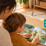 Parent et enfant lisant un conte bilingue orienté face à eux avec une Lunii