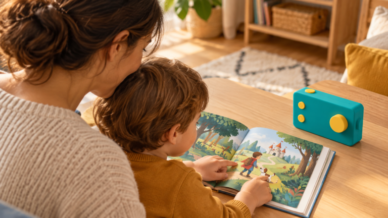 Parent et enfant lisant un conte bilingue orienté face à eux avec une Lunii
