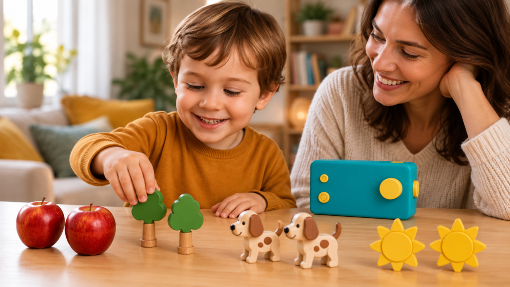Parent et enfant associant des objets pendant une écoute avec Lunii