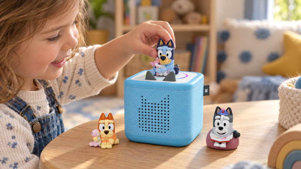 Enfant posant la figurine Bluey sur une Toniebox 2 Bleu Ciel