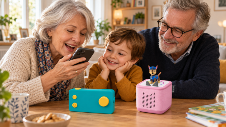 Grands-parents enregistrant une histoire avec une Lunii et une Toniebox