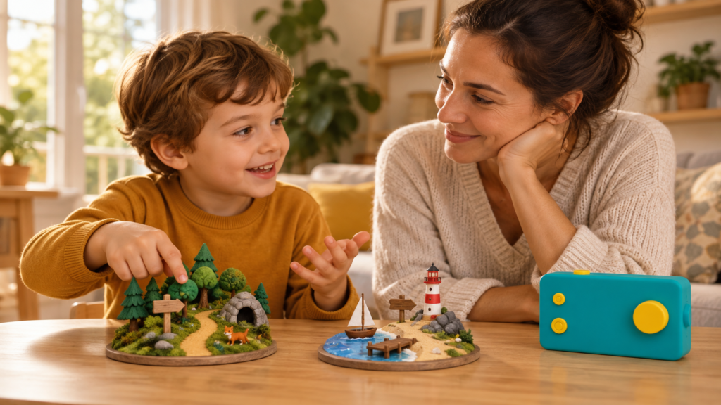 Parent et enfant comparant deux décors après une histoire Lunii