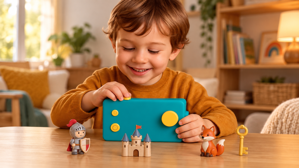 Enfant choisissant des figurines pour composer une histoire avec une Lunii