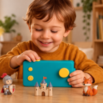 Enfant choisissant des figurines pour composer une histoire avec une Lunii