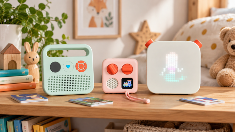 Lecteurs audio Merlin et Yoto présentés dans une chambre d’enfant