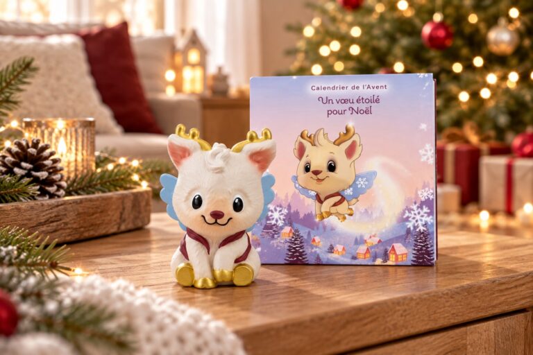 Figurine Un Vœu étoilé pour Noël et son coffret dans un décor de Noël