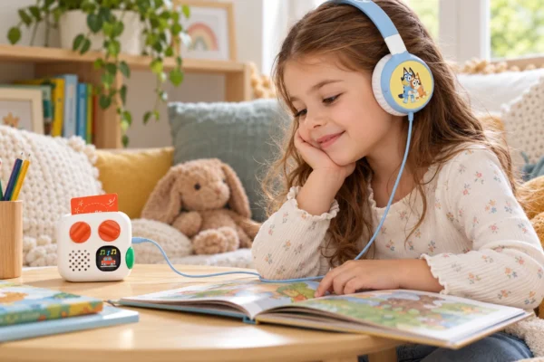 Enfant utilisant le casque Bluey Lexibook avec un Yoto Mini