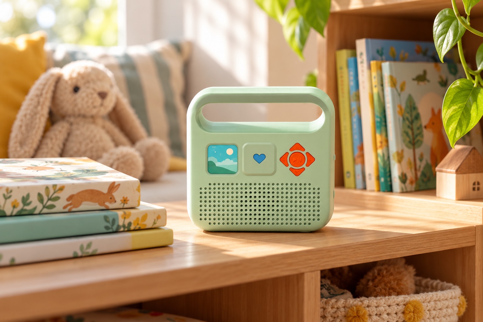 Enceinte audio Merlin vert amande dans un coin lecture pour enfant